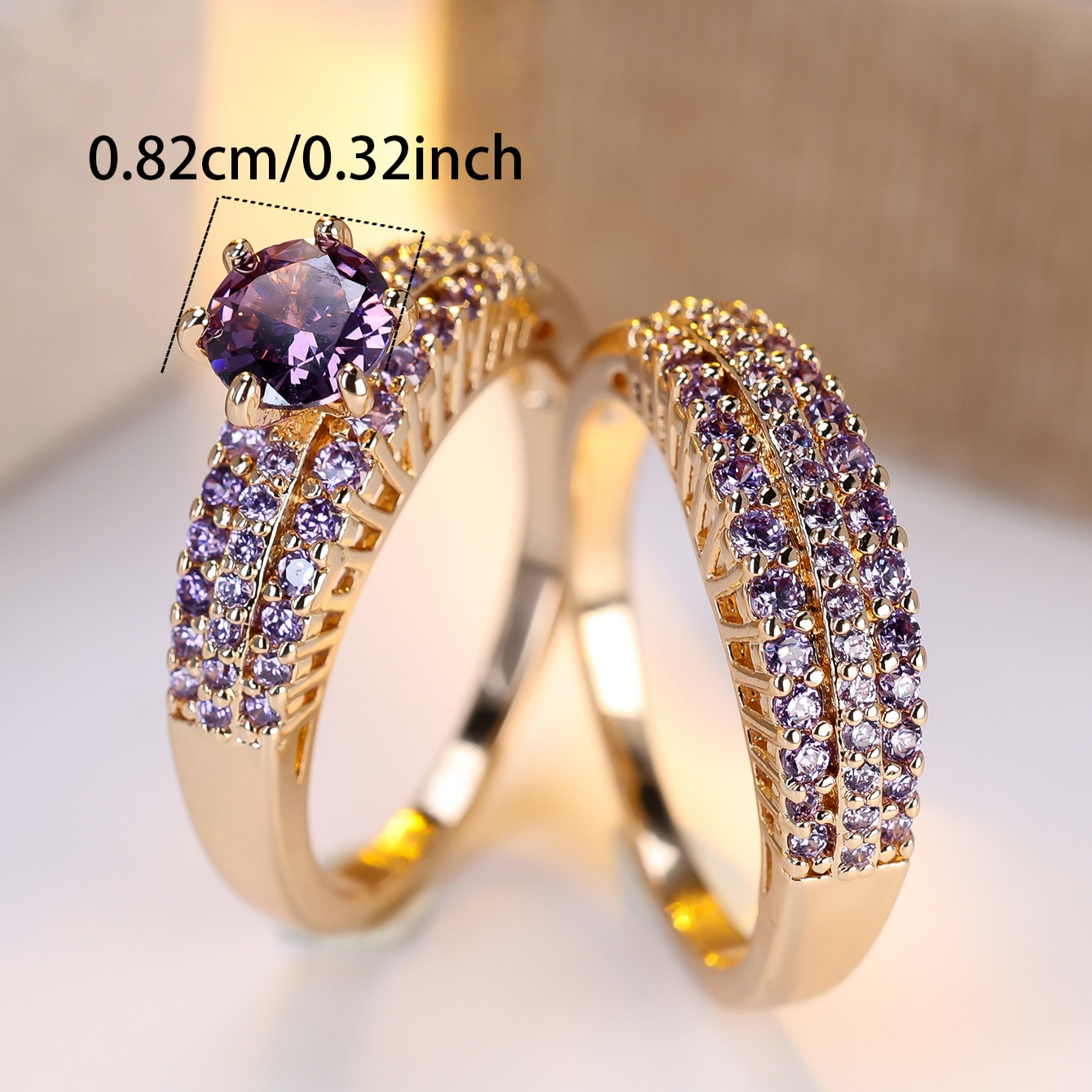Golden Round Purple Bridal Ring Set with Paved Synthetic Zirconia